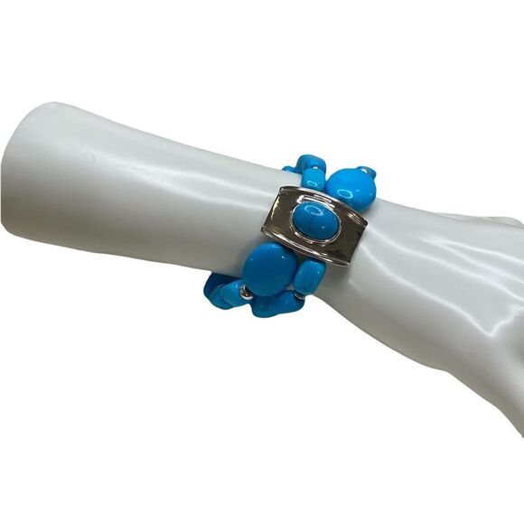 Faux Turquoise & Bright Silver Toned Stretch  Bracelet - Picture 7 of 7